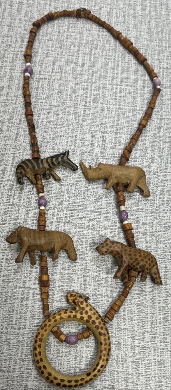 Vintage African Hand Carved Wooden Seeds Safari Animal Beads 15” Necklace Tribal